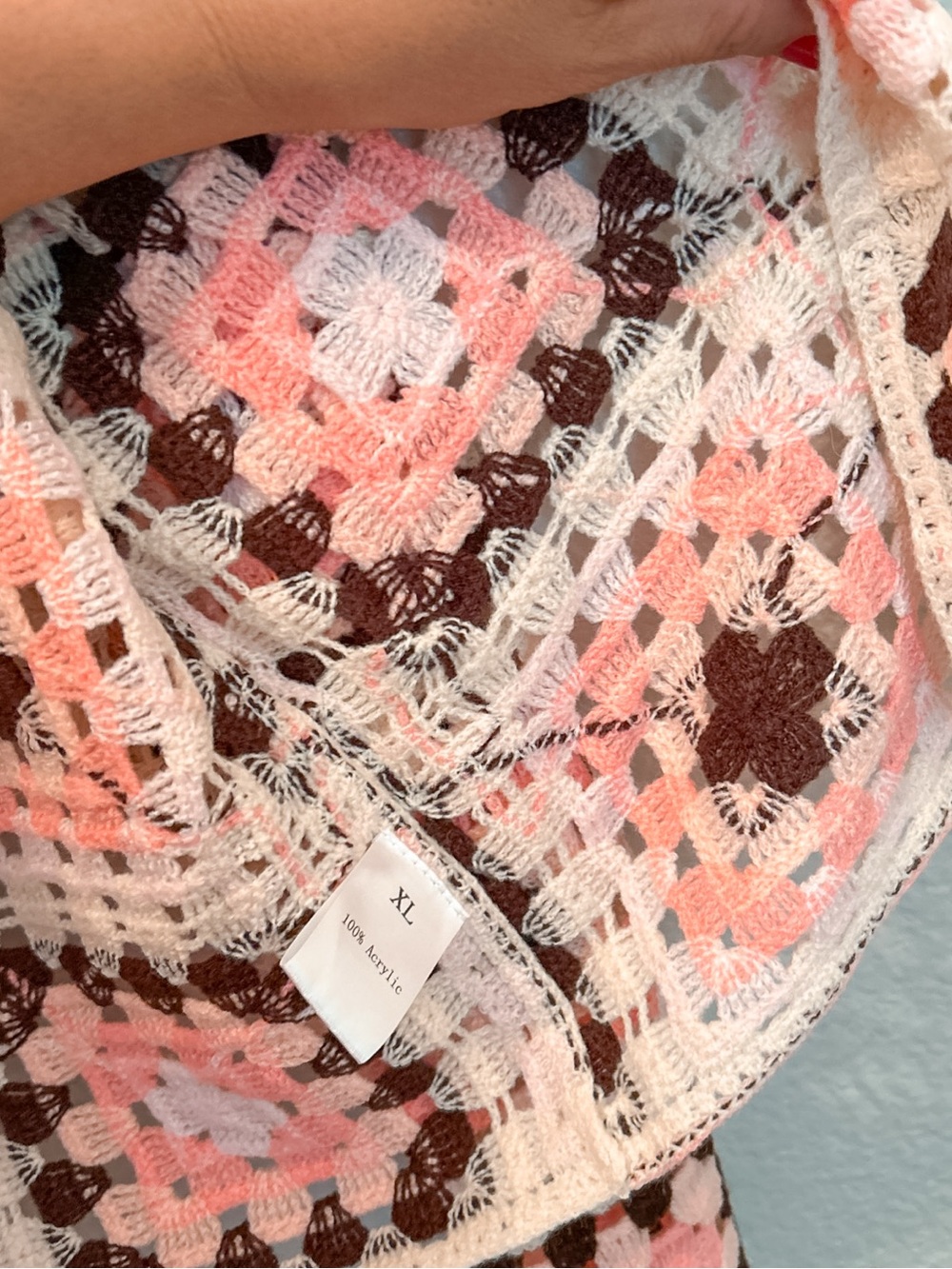 Boho Crochet Granny Square Long Sleeve Cardigan Pink Ivory L/XL Cottage Grandma - Picture 5 of 8